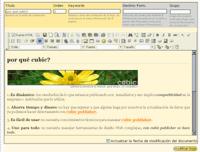 editor HTML integrado - cubic publisher - software de gesti&oacute;n de contenidos online 